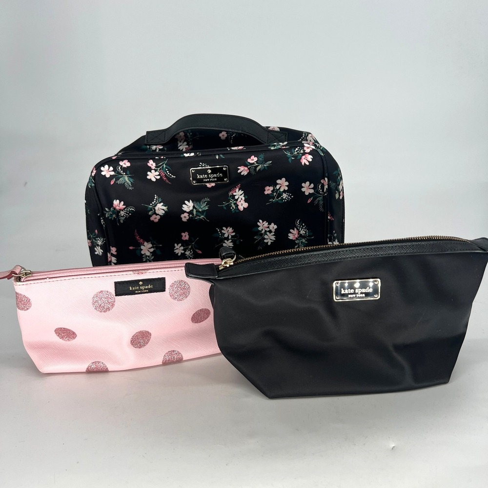 Kate Spade Travel Bag Set Lot Toiletries‎ Makeup Bag Floral Pink Luggage